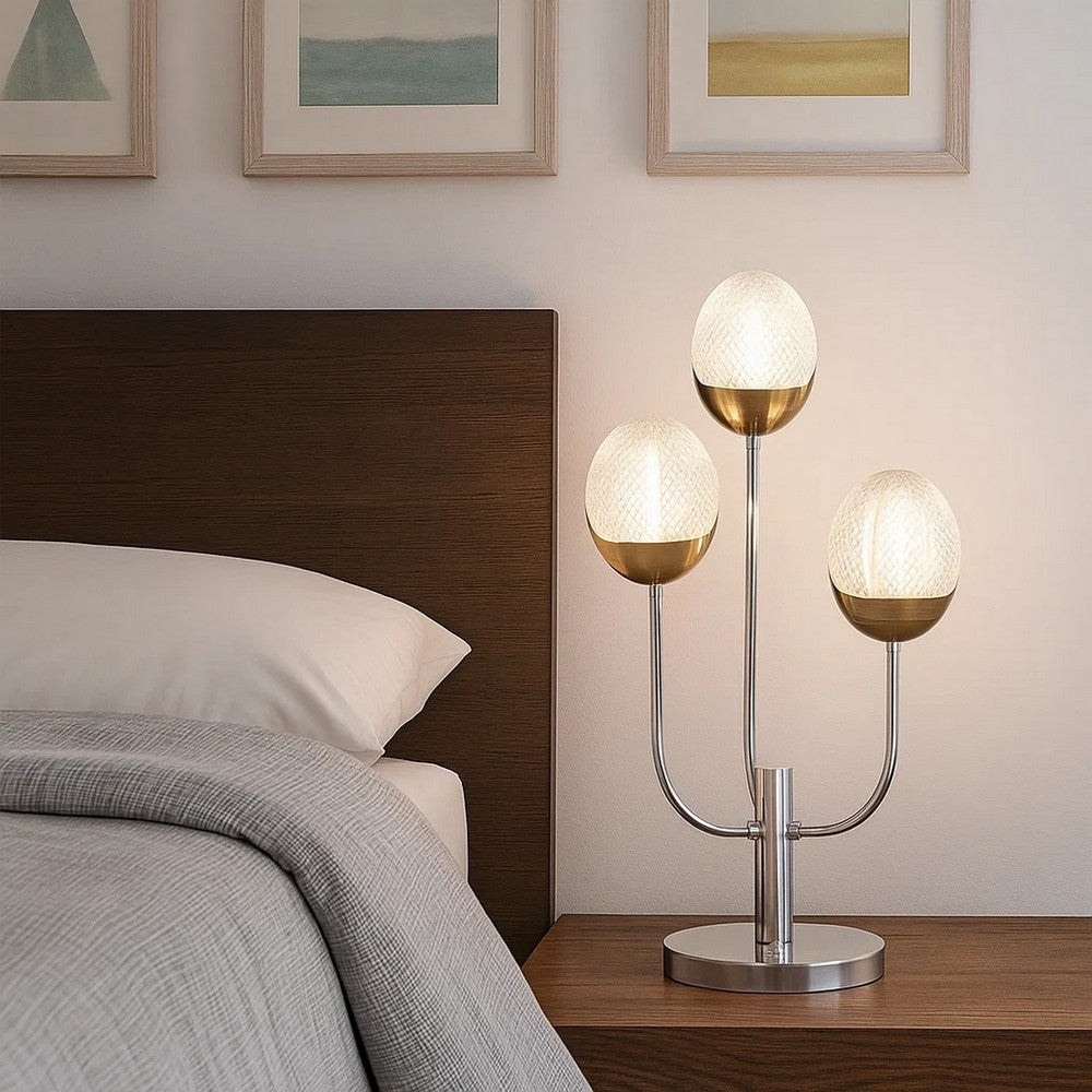Benjara 25 Inch Table Lamp, 3 Globe Crystal Shades, Modern Nickel Metal Base
