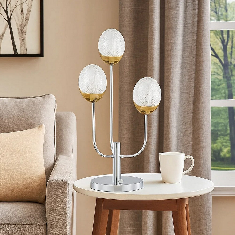 Benjara 25 Inch Table Lamp, 3 Globe Crystal Shades, Modern Nickel Metal Base