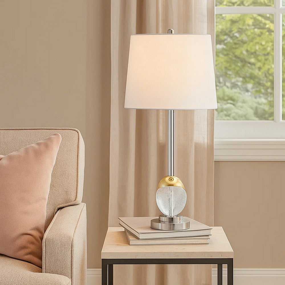 Benjara 27 Inch Table Lamp, Tapered Drum Fabric Shade, Modern Metal Base, Silver