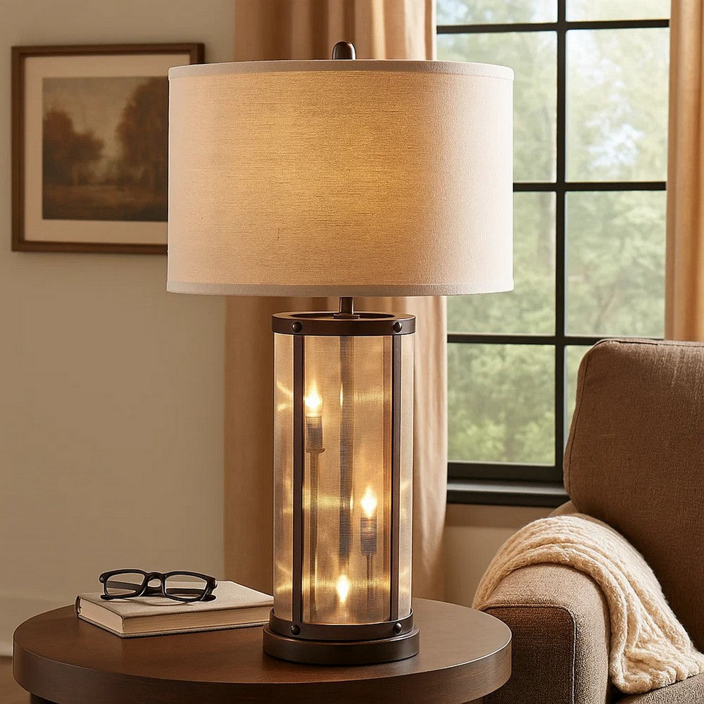Benjara 31 Inch Table Lamp, Classic Drum Fabric Shade, Modern Metal Base, Bronze