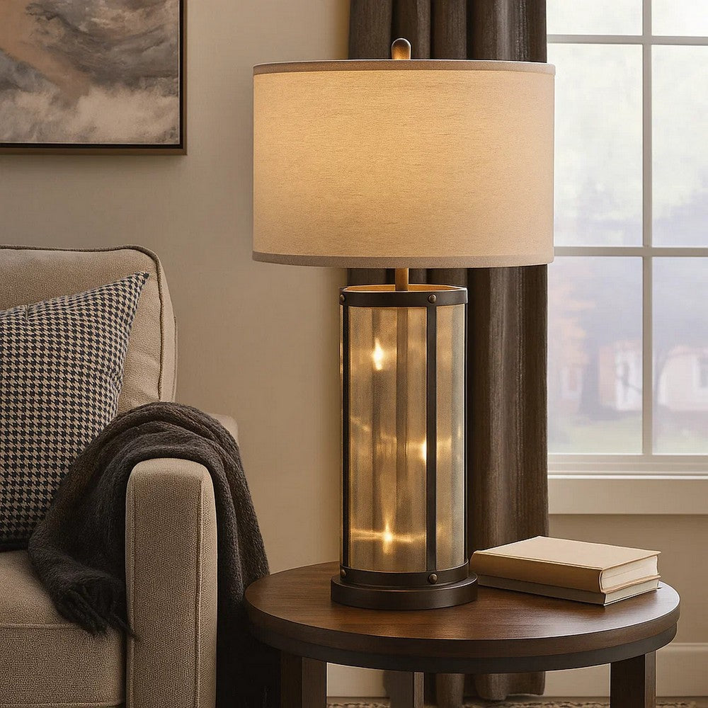 Benjara 31 Inch Table Lamp, Classic Drum Fabric Shade, Modern Metal Base, Bronze