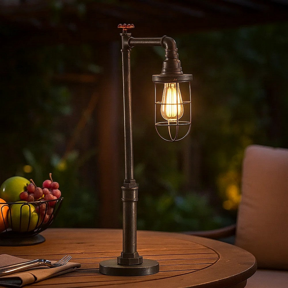 Benjara 29 Inch Table Lamp, Dome Shade, Industrial Pipe Design, Rustic Bronze