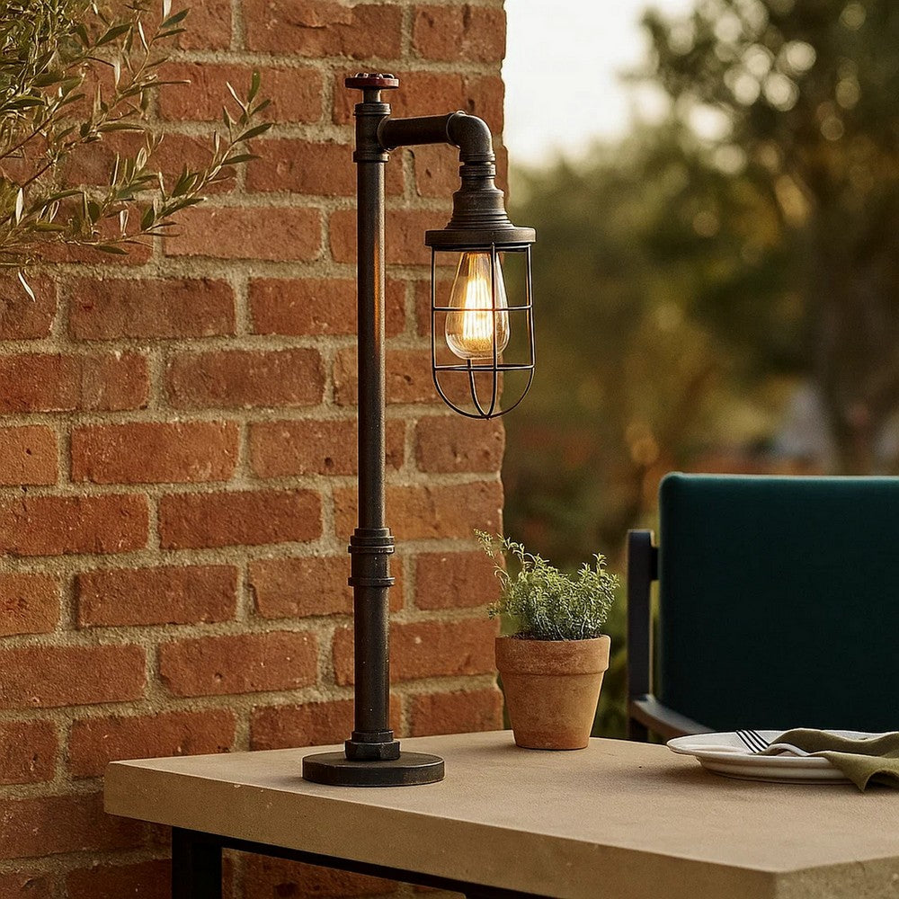 Benjara 29 Inch Table Lamp, Dome Shade, Industrial Pipe Design, Rustic Bronze