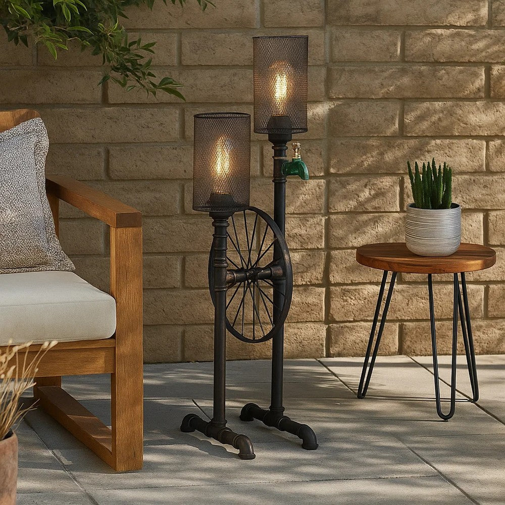 Benjara 34 Inch Table Lamp, Drum Mesh Shade, Metal Base, Rustic Bronze Finish