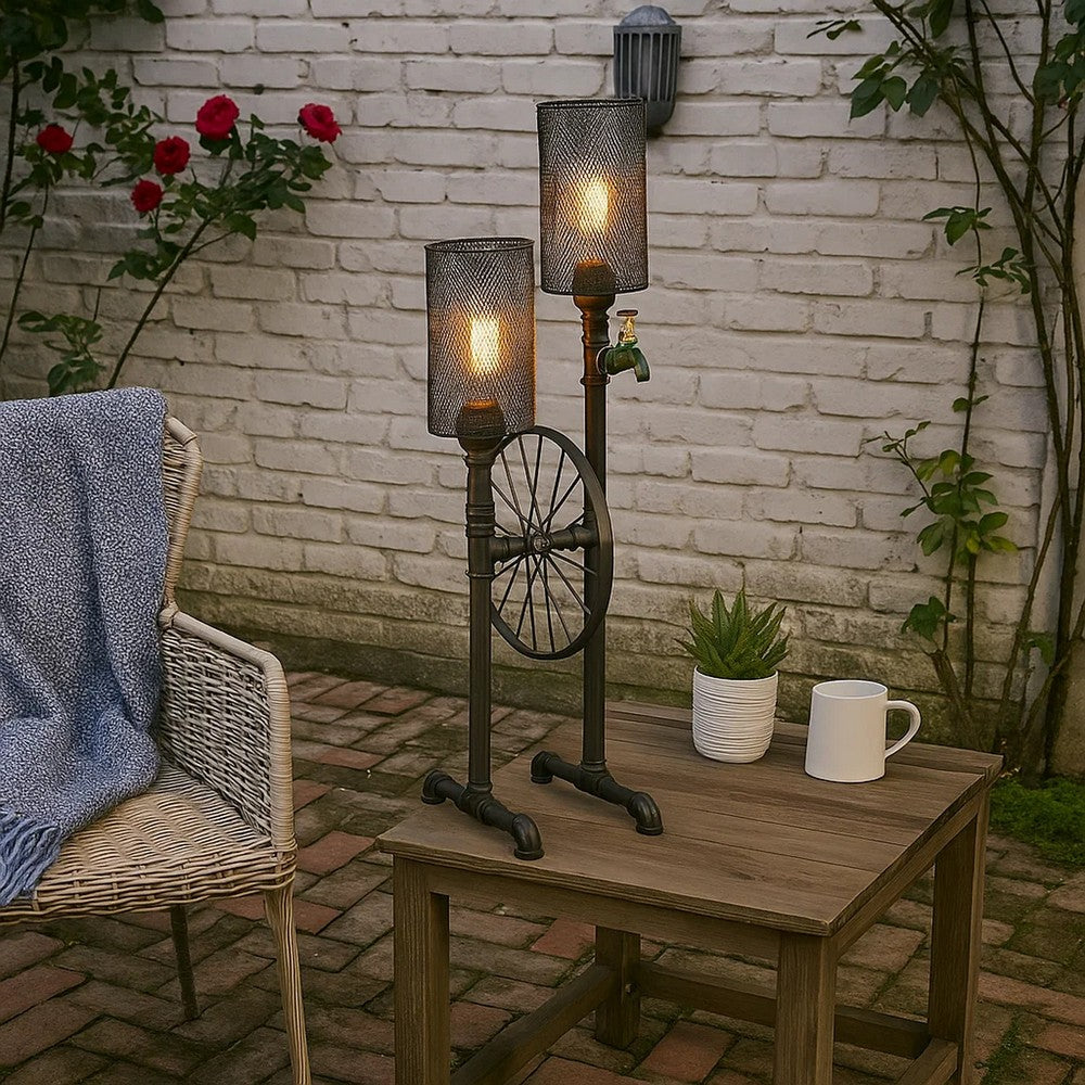 Benjara 34 Inch Table Lamp, Drum Mesh Shade, Metal Base, Rustic Bronze Finish