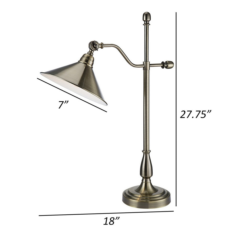 Benjara 28 Inch Table Lamp, Classic Cone Shape Metal Shade, Antique Rustic Brass