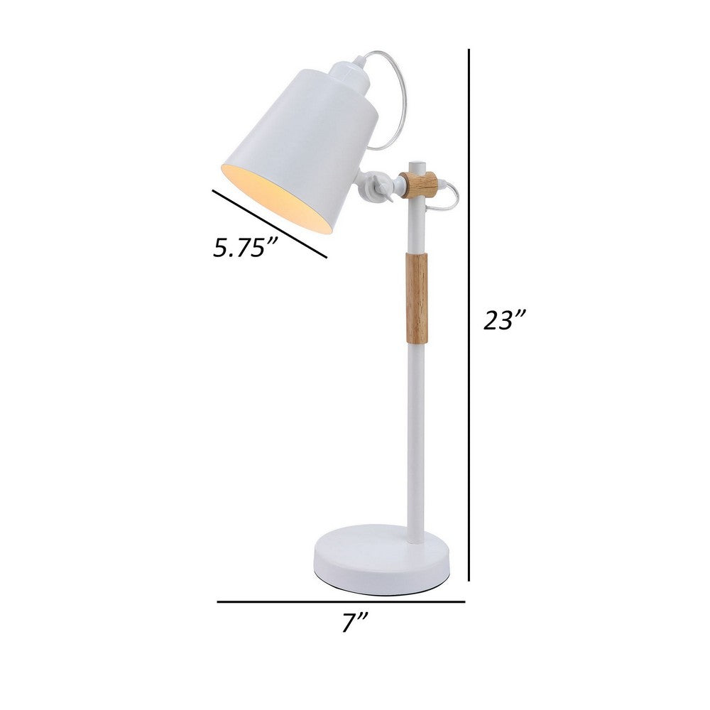 Benjara 23 Inch Table Lamp, Brown Wood Trim, Dome Metal Shade White, Round Base