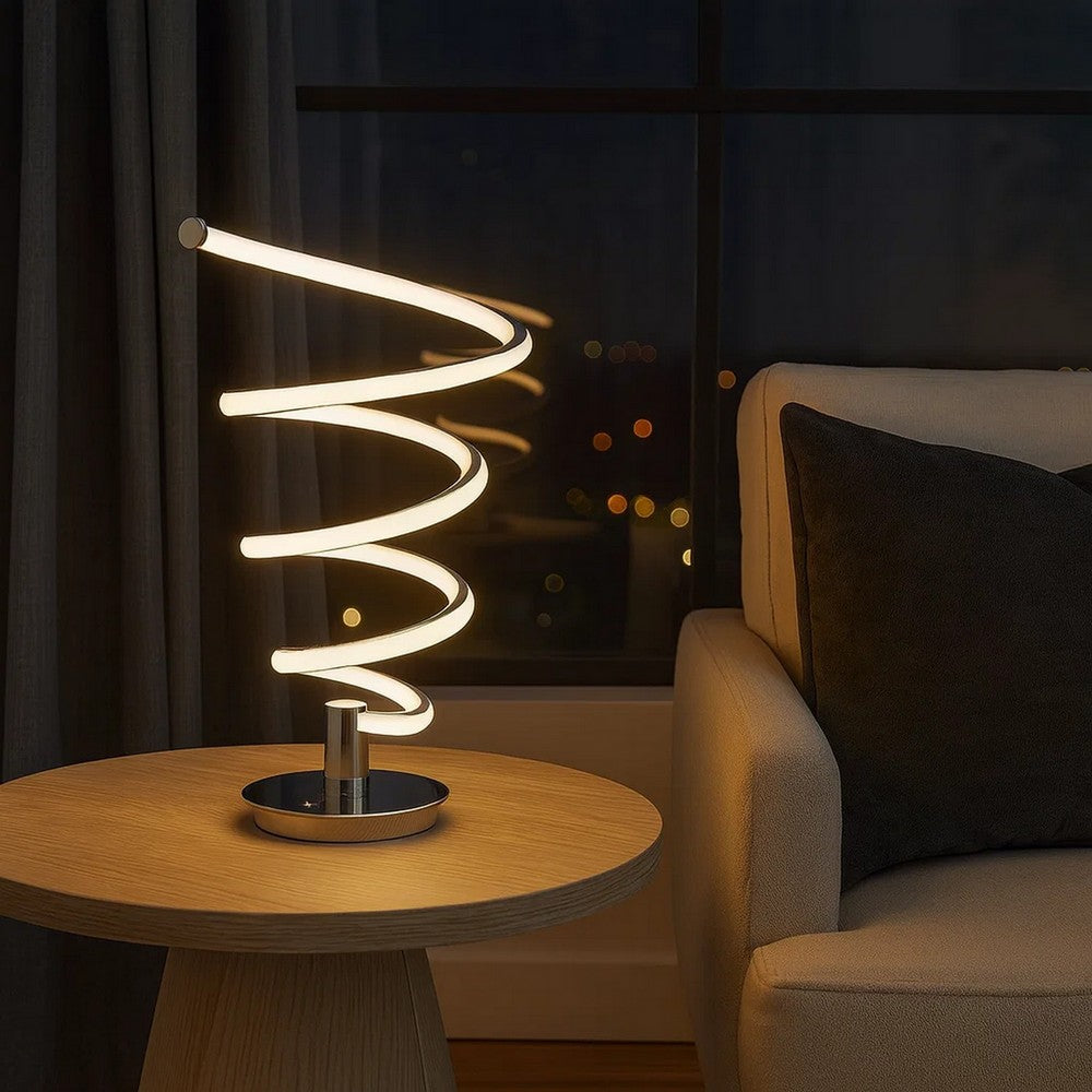Benjara Sun 20 Inch Table Lamp, Accent Twisted Modern Design, LED Light Chrome Base