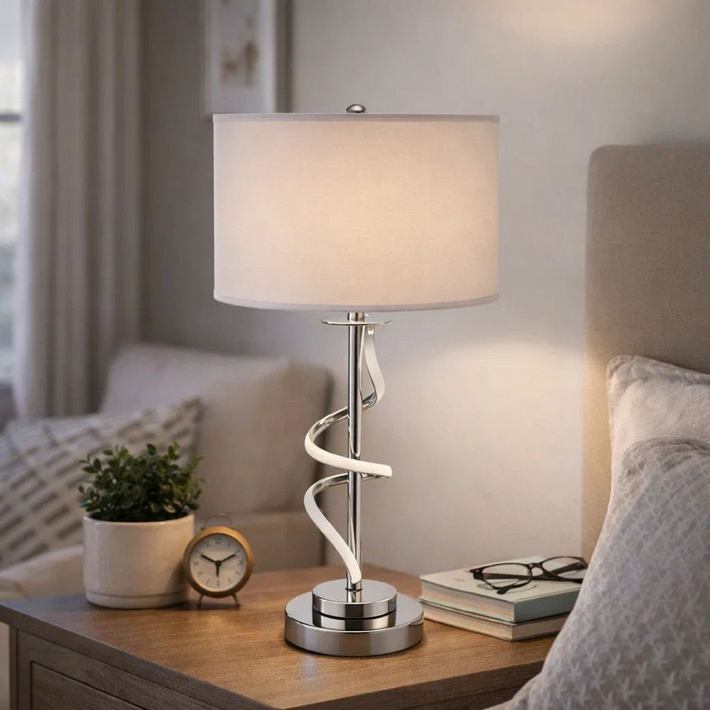 Benjara Jame 29 Inch Table Lamp, Drum Fabric Shade, Accent Round Chrome Base