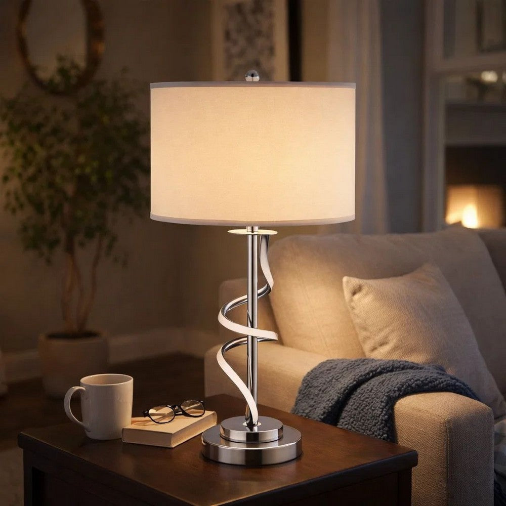 Benjara Jame 29 Inch Table Lamp, Drum Fabric Shade, Accent Round Chrome Base