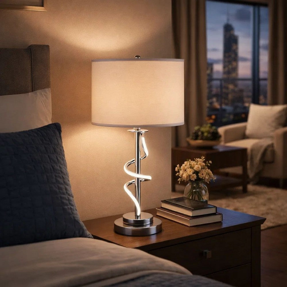 Benjara Jame 29 Inch Table Lamp, Drum Fabric Shade, Accent Round Chrome Base