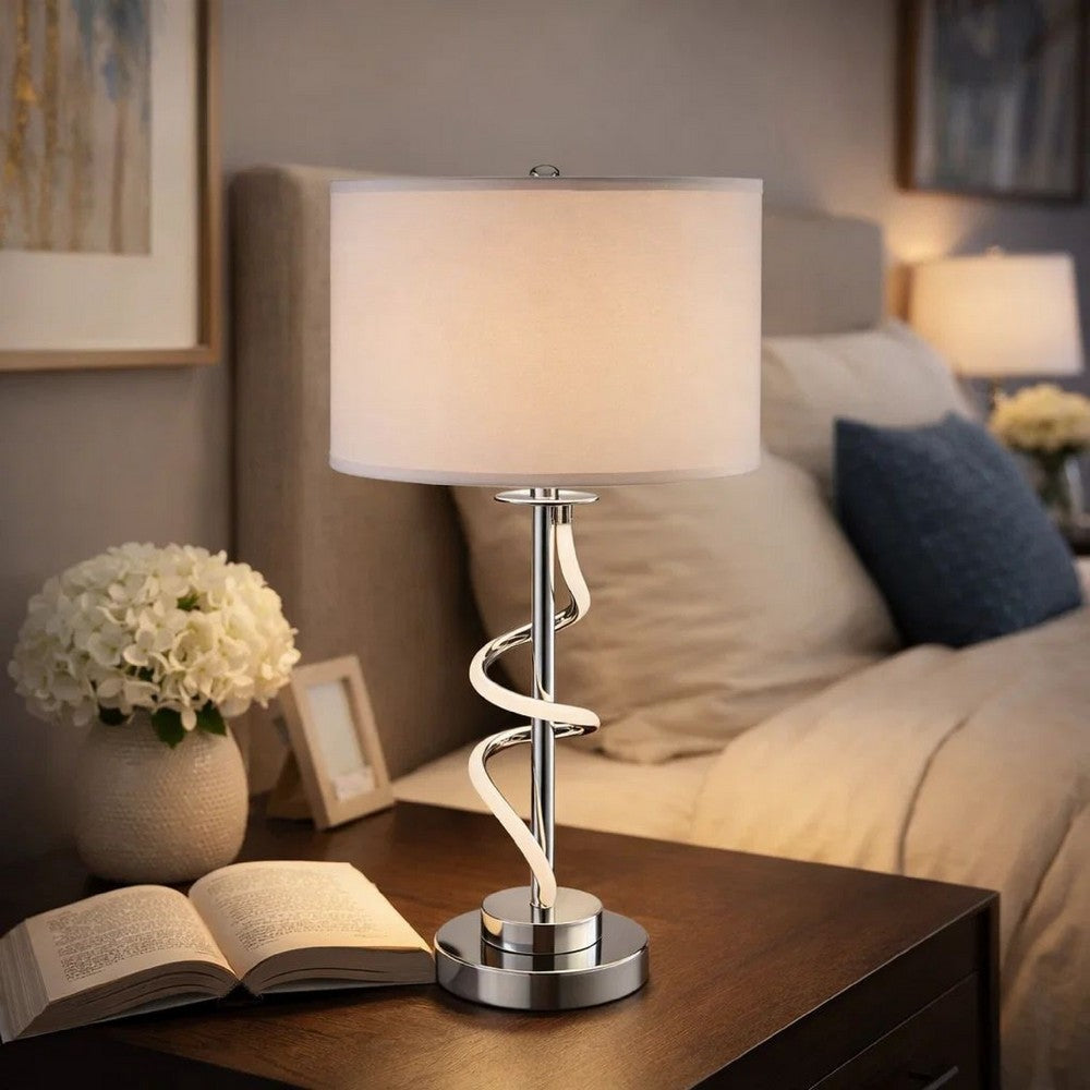 Benjara Jame 29 Inch Table Lamp, Drum Fabric Shade, Accent Round Chrome Base