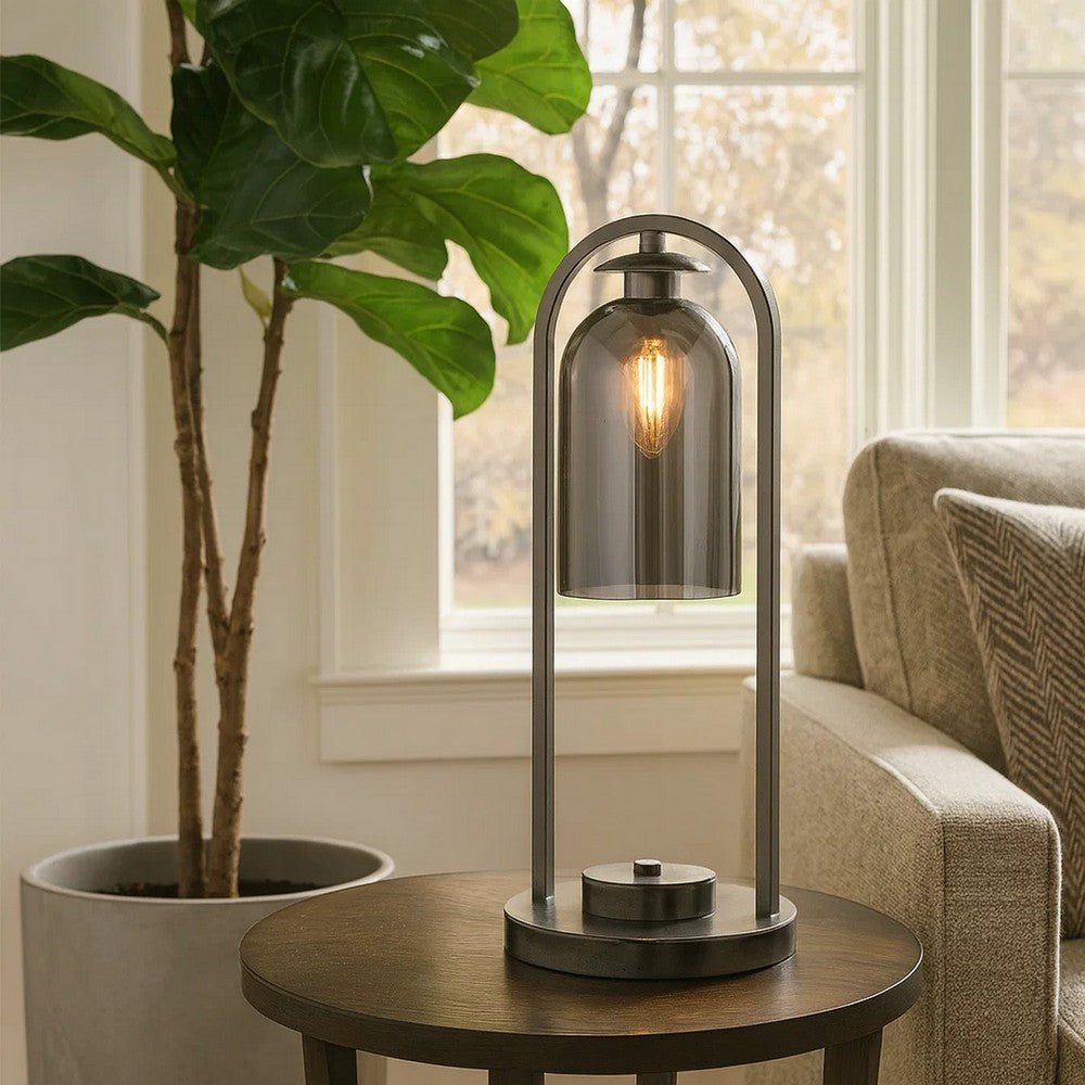 Benjara 21 Inch Table Lamp, Cylinder Glass Shade, Round Base, Rustic Nickel Gray