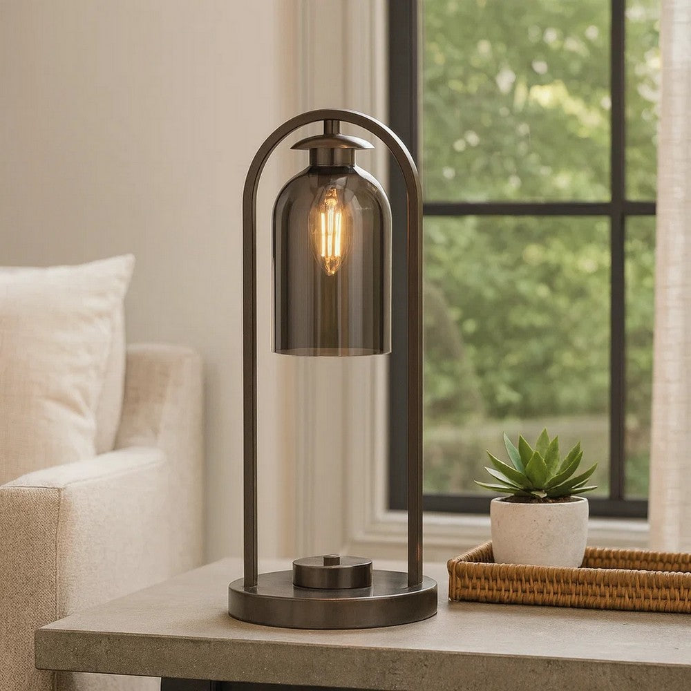 Benjara 21 Inch Table Lamp, Cylinder Glass Shade, Round Base, Rustic Nickel Gray