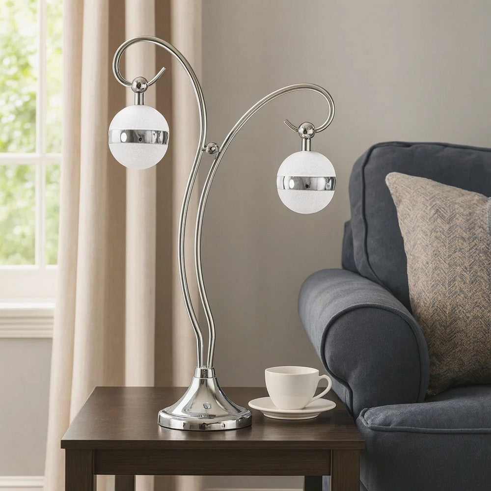 Benjara 30 Inch Table Lamp, Accent LED Light, Globe Glass Shade, Round Base, Nickel