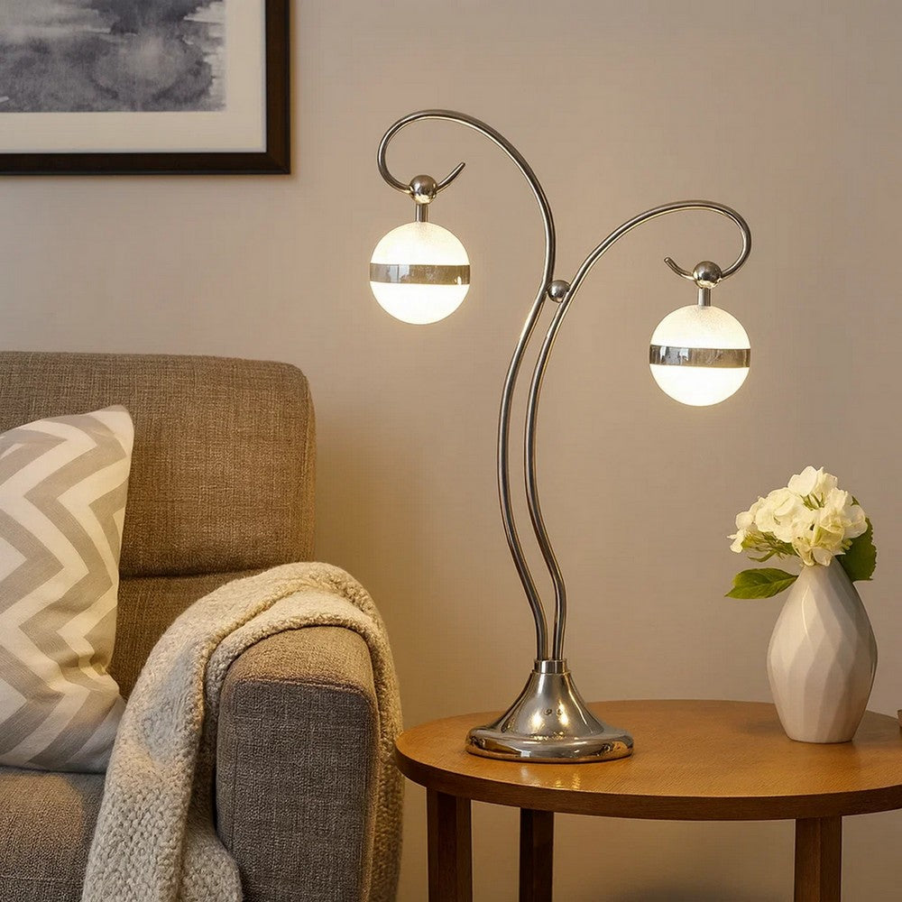Benjara 30 Inch Table Lamp, Accent LED Light, Globe Glass Shade, Round Base, Nickel