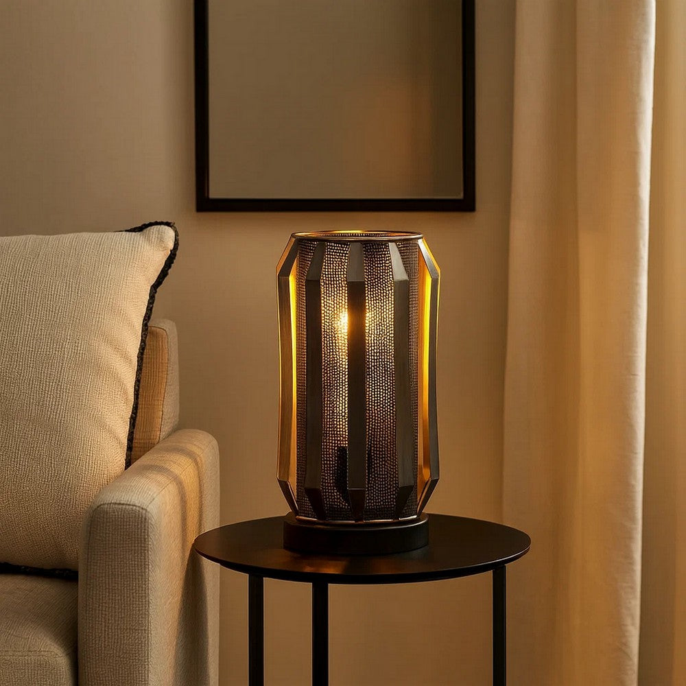 Benjara Pin 13 Inch Table Lamp, Accent Cylinder Metal Shade, Round Base, Black
