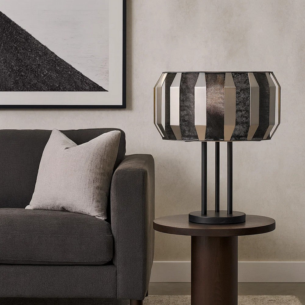 Benjara Pin 21 Inch Table Lamp, Wide Drum Metal Shade, Accent Round Base, Black