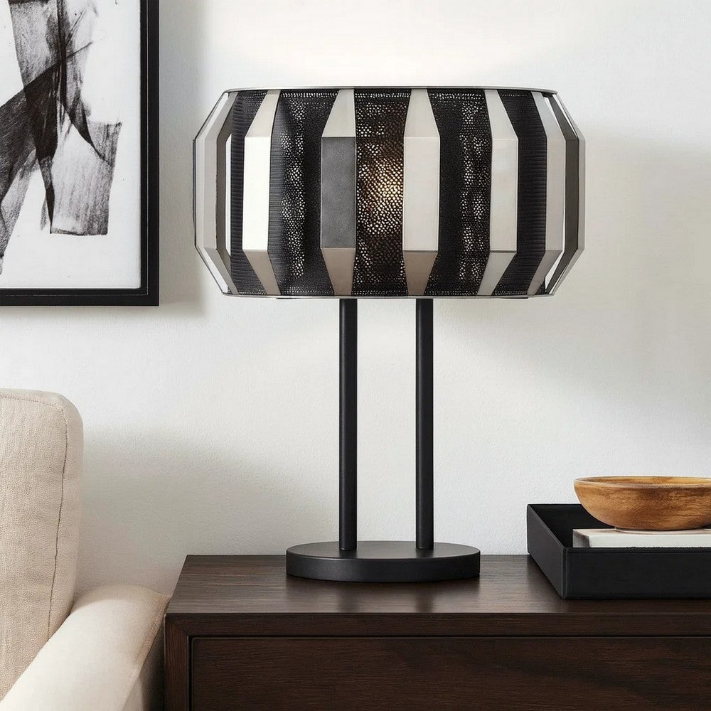 Benjara Pin 21 Inch Table Lamp, Wide Drum Metal Shade, Accent Round Base, Black