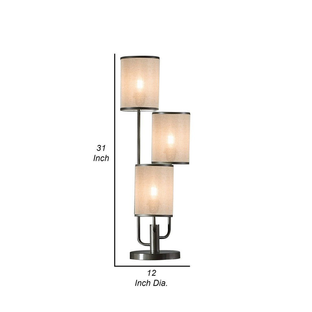 Benjara Zen 31 Inch Table Lamp, 3 Drum Fabric Shades, Round Metal Base, Gray