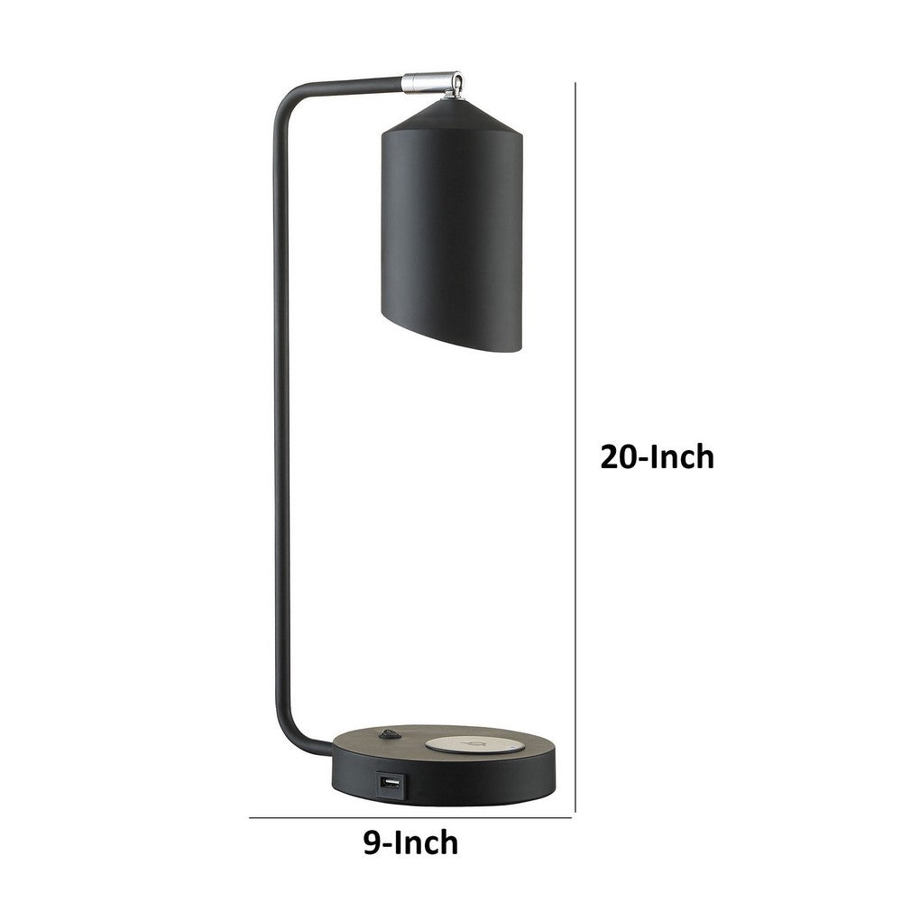 Benjara 20 Inch Table Lamp, Wireless Charging, Dome Metal Shade, Matte Black
