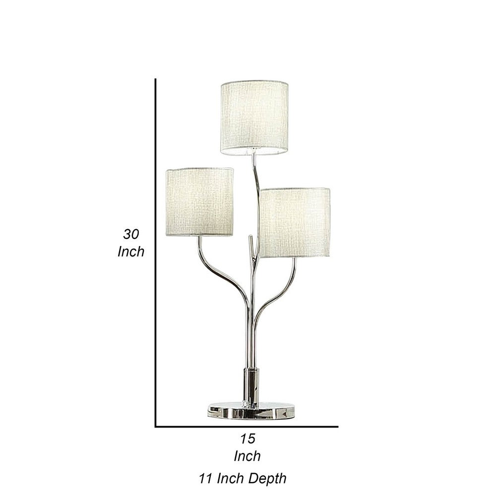 Benjara Indi 30 Inch Table Lamp, 3 Drum Fabric Shade, Round Metal Base, Silver