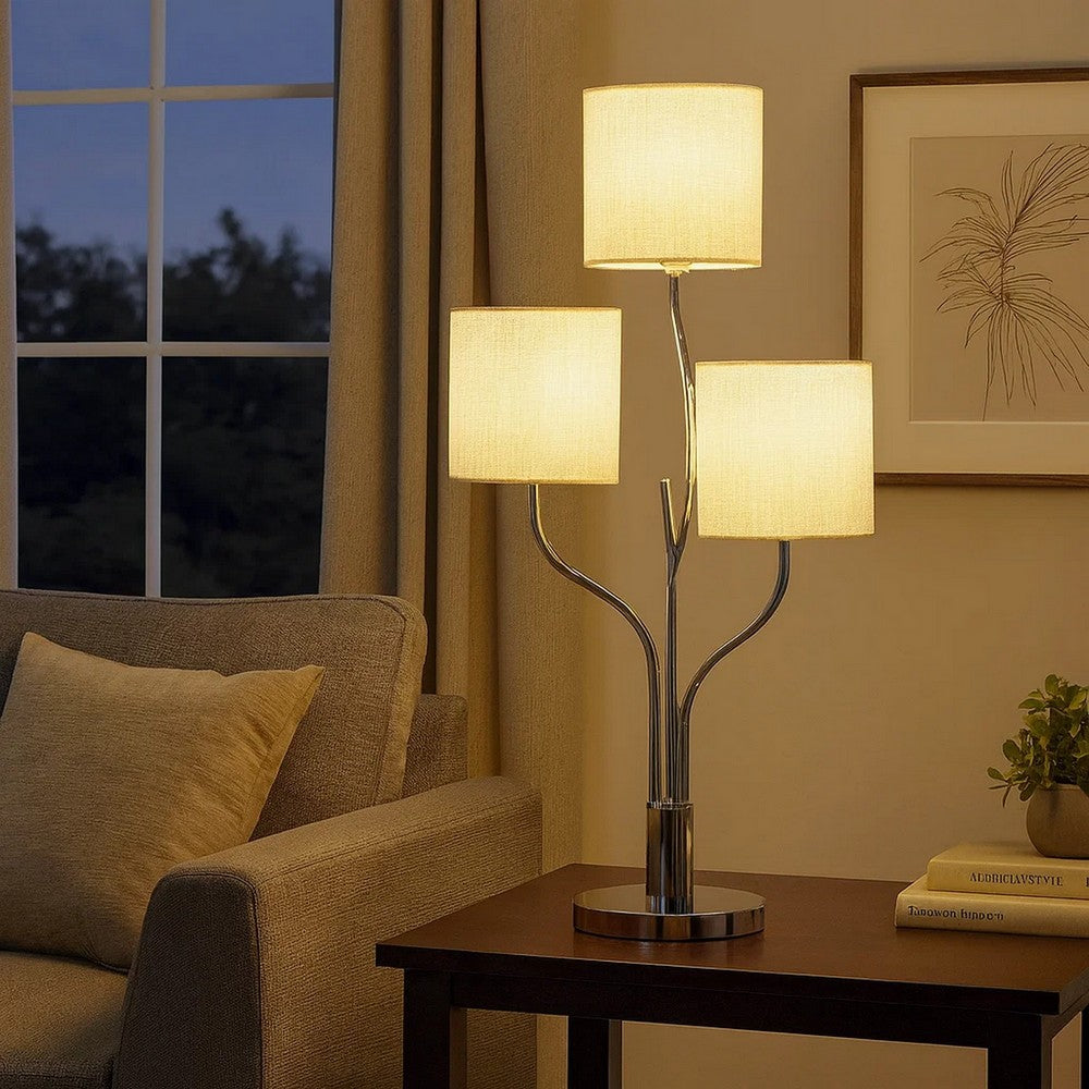 Benjara Indi 30 Inch Table Lamp, 3 Drum Fabric Shade, Round Metal Base, Silver