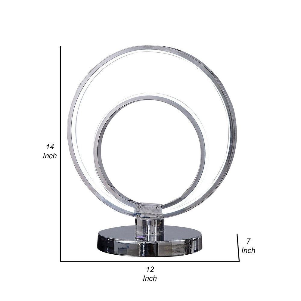 Benjara 14 Inch Table Lamp, Modern Ring LED Light, Round Metal Base, Silver