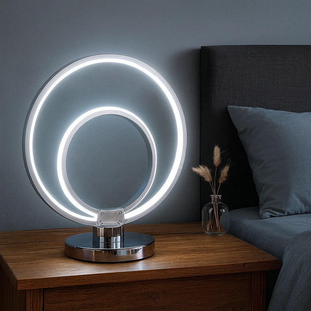 Benjara 14 Inch Table Lamp, Modern Ring LED Light, Round Metal Base, Silver