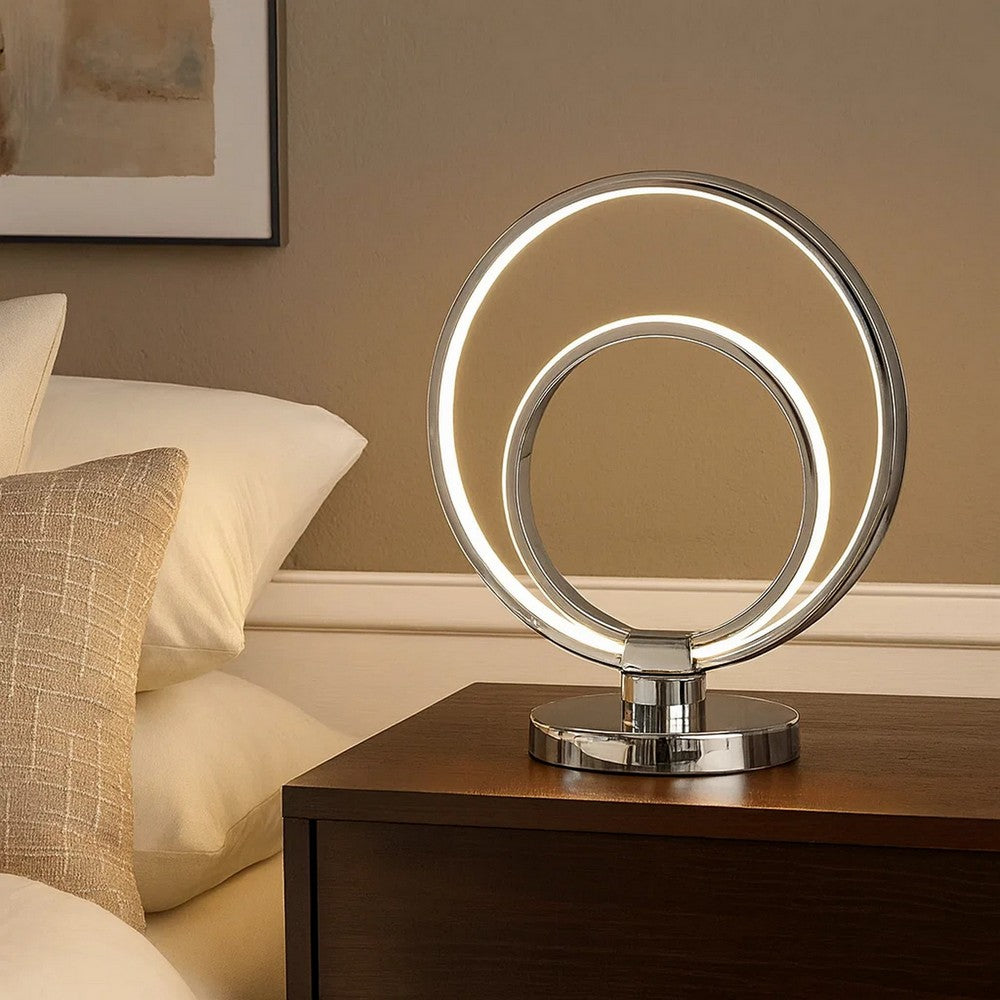 Benjara 14 Inch Table Lamp, Modern Ring LED Light, Round Metal Base, Silver
