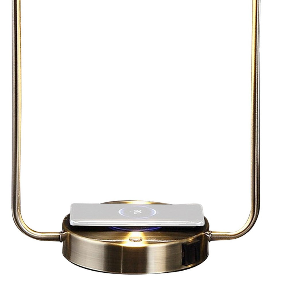 Benjara Gizo 21 Inch Table Lamp, LED Light, Wireless Charging, Metal Base, Brass