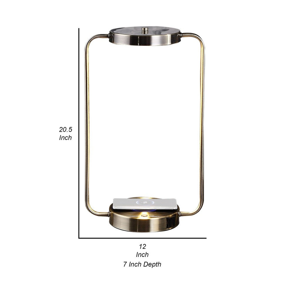Benjara Gizo 21 Inch Table Lamp, LED Light, Wireless Charging, Metal Base, Brass