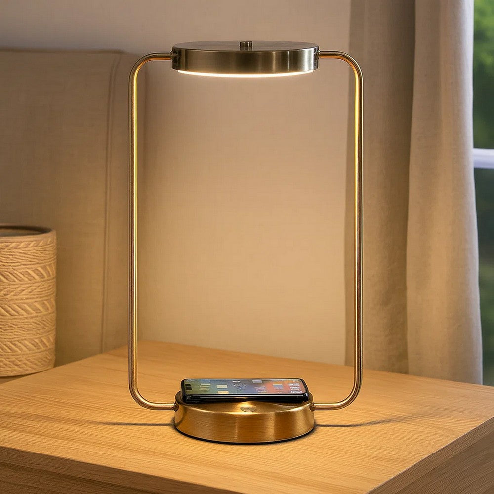 Benjara Gizo 21 Inch Table Lamp, LED Light, Wireless Charging, Metal Base, Brass