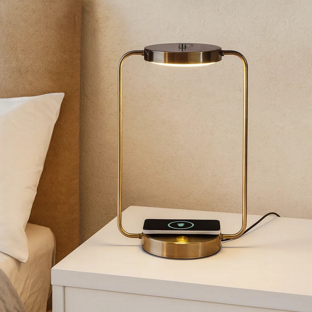 Benjara Gizo 21 Inch Table Lamp, LED Light, Wireless Charging, Metal Base, Brass