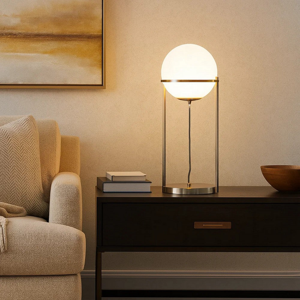 Benjara Jim 22 Inch Table Lamp, LED Light, Metal Body, Modern Globe Shade, Brass