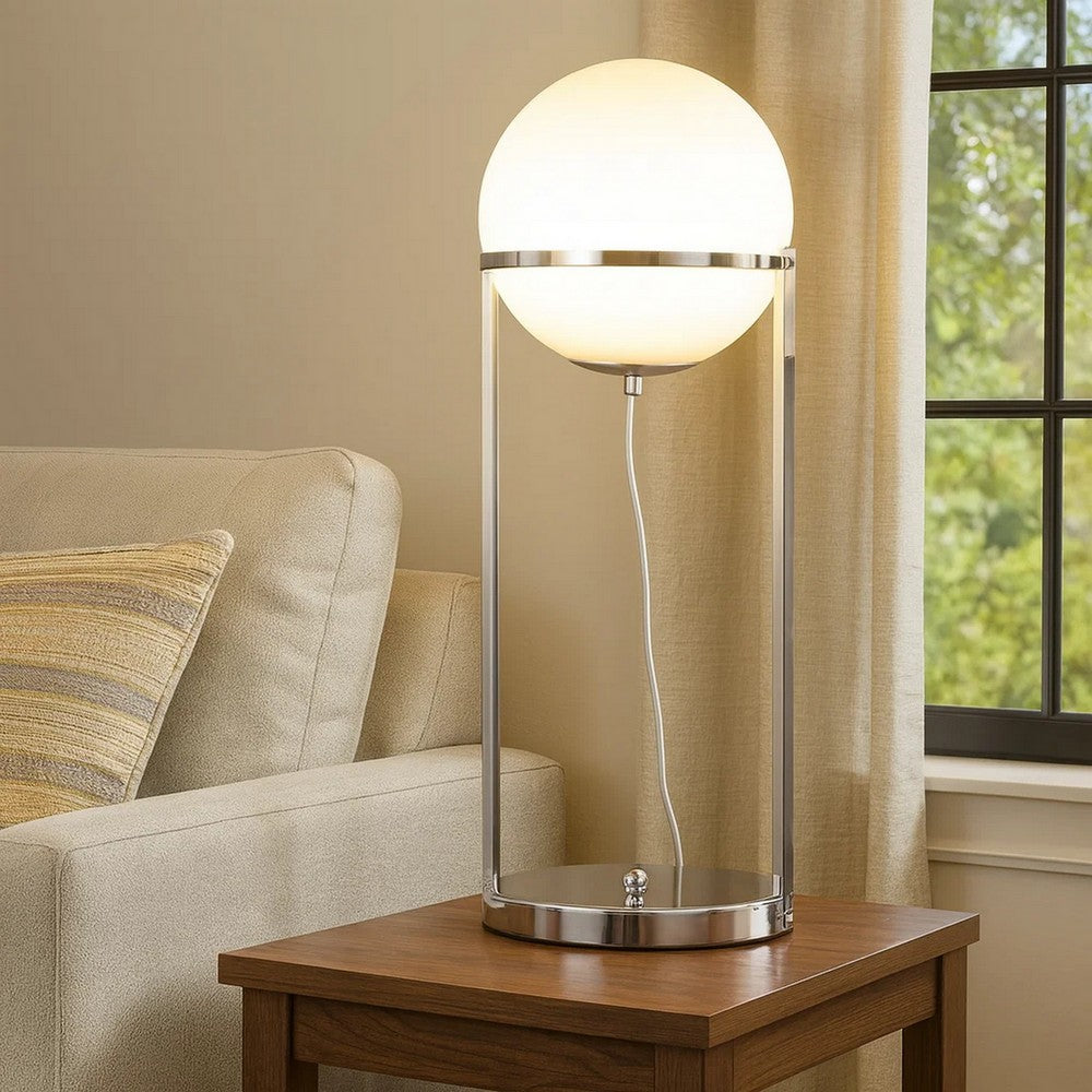 Benjara Jim 22 Inch Table Lamp, LED Light, Metal Body, Modern Globe Shade, Silver