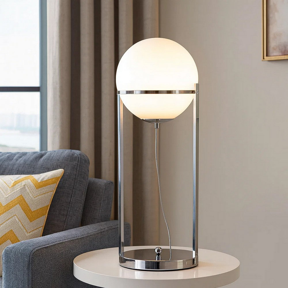 Benjara Jim 22 Inch Table Lamp, LED Light, Metal Body, Modern Globe Shade, Silver