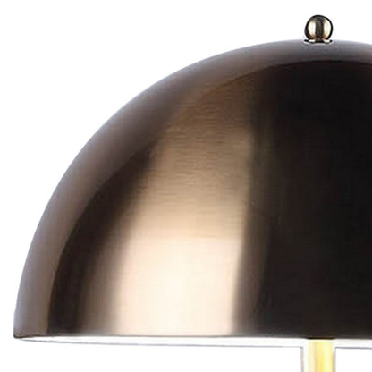 Benjara Aria 21 Inch Table Lamp, Dome Shade, Round Base, Black Faux Leather, Brass