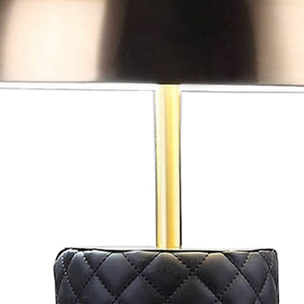 Benjara Aria 21 Inch Table Lamp, Dome Shade, Round Base, Black Faux Leather, Brass