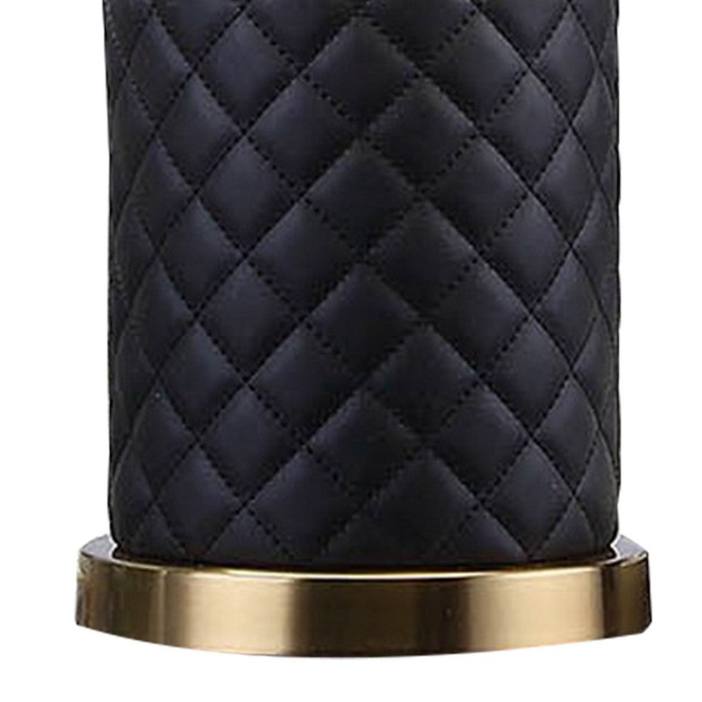 Benjara Aria 21 Inch Table Lamp, Dome Shade, Round Base, Black Faux Leather, Brass