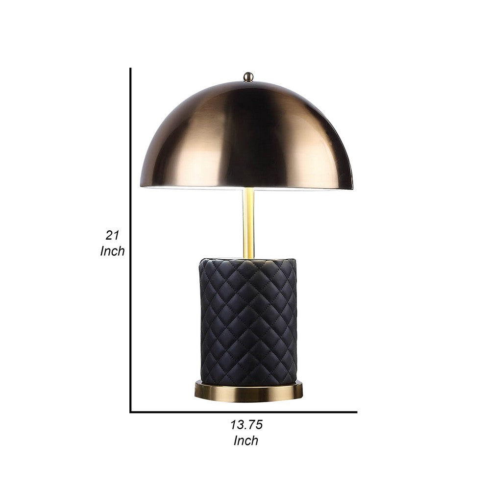 Benjara Aria 21 Inch Table Lamp, Dome Shade, Round Base, Black Faux Leather, Brass