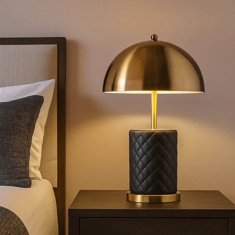 Benjara Aria 21 Inch Table Lamp, Dome Shade, Round Base, Black Faux Leather, Brass