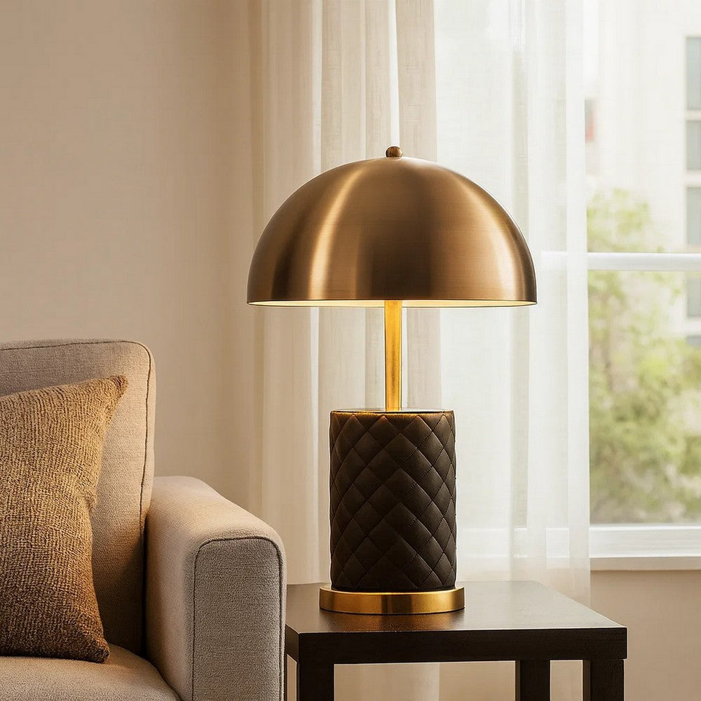 Benjara Aria 21 Inch Table Lamp, Dome Shade, Round Base, Black Faux Leather, Brass