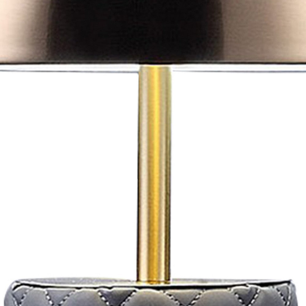 Benjara Aria 21 Inch Table Lamp, Dome Shade, Round Base, Gray Faux Leather, Brass