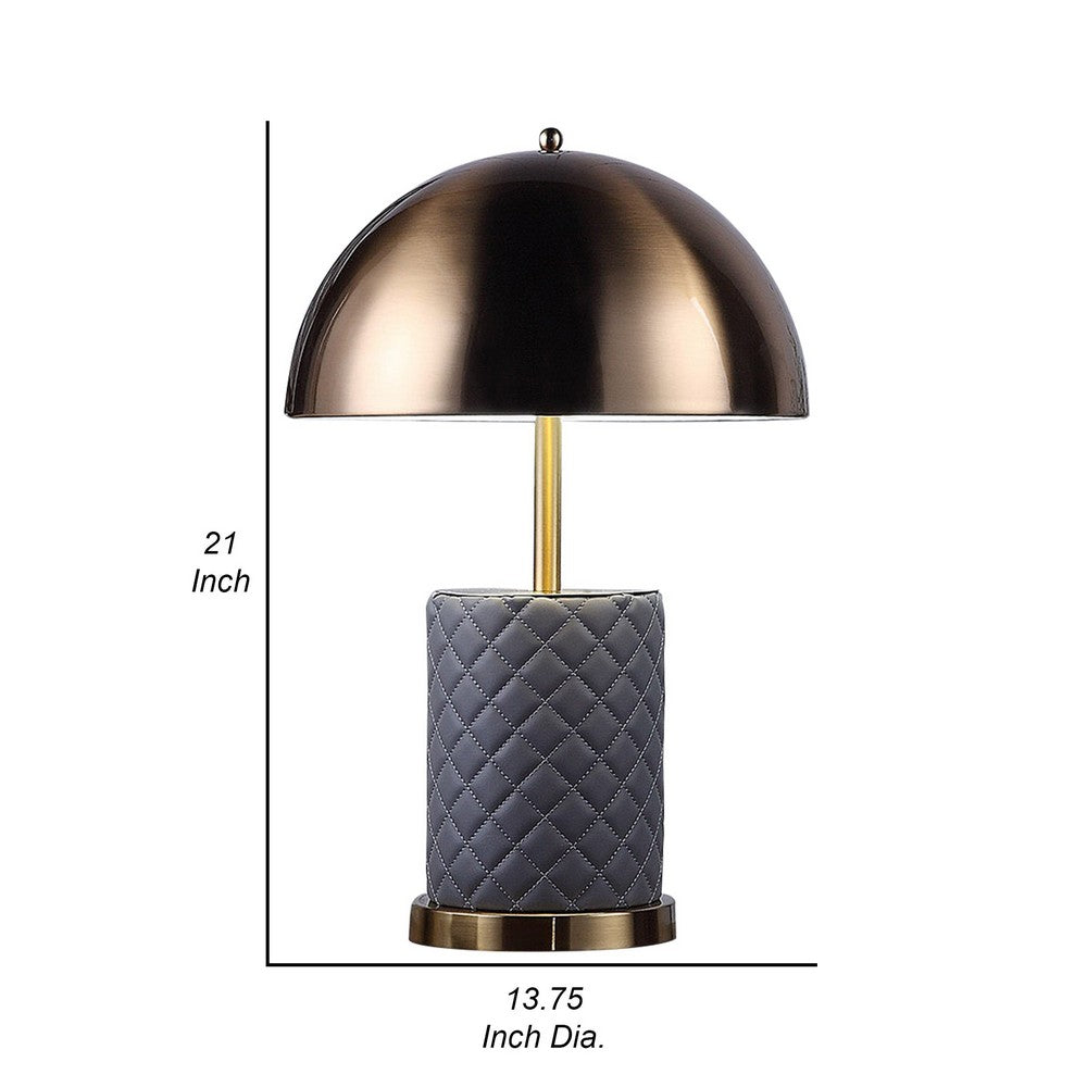 Benjara Aria 21 Inch Table Lamp, Dome Shade, Round Base, Gray Faux Leather, Brass