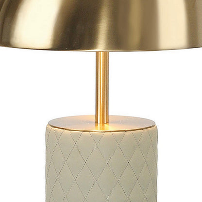 Benjara Aria 21 Inch Table Lamp, Dome Shade, Round Base, Beige Faux Leather, Brass