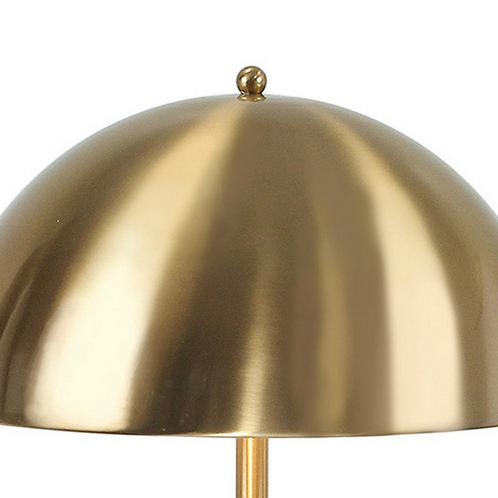 Benjara Aria 21 Inch Table Lamp, Dome Shade, Round Base, Beige Faux Leather, Brass