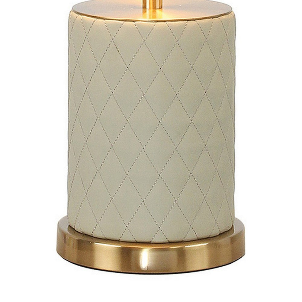 Benjara Aria 21 Inch Table Lamp, Dome Shade, Round Base, Beige Faux Leather, Brass
