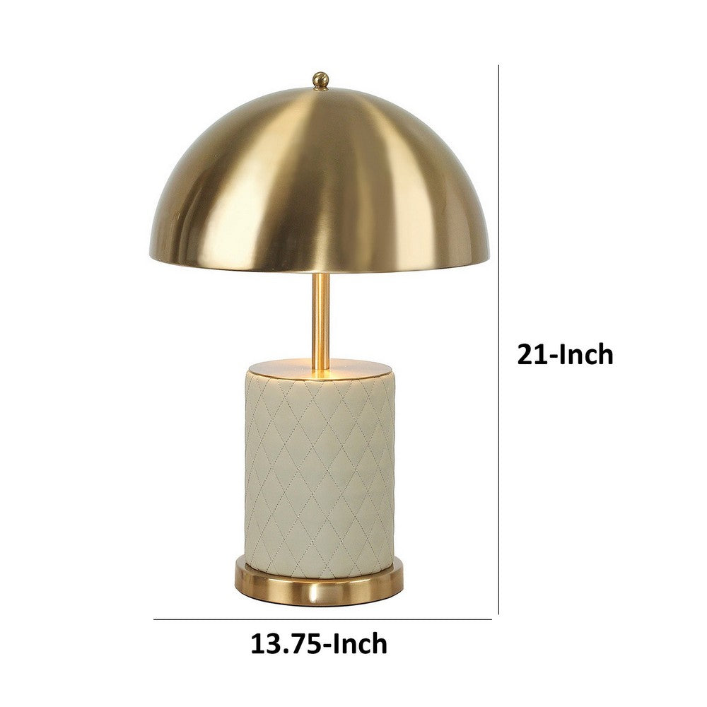 Benjara Aria 21 Inch Table Lamp, Dome Shade, Round Base, Beige Faux Leather, Brass