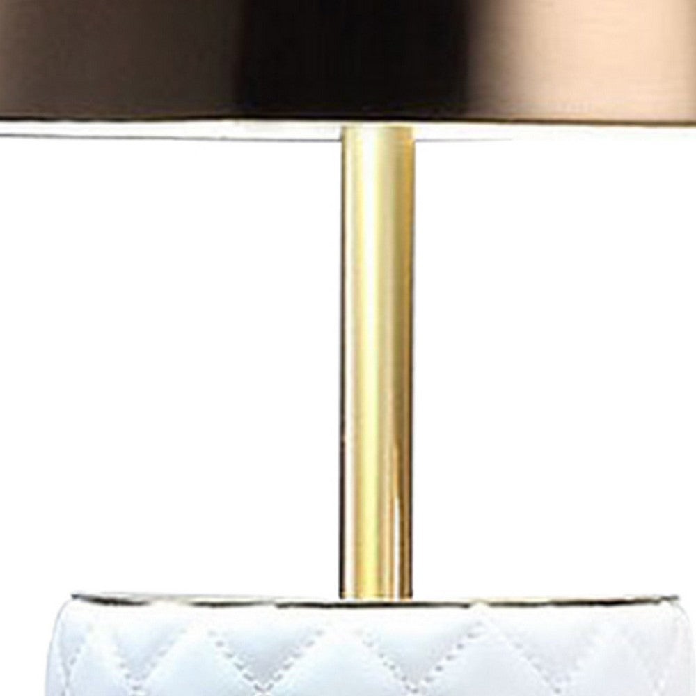 Benjara Aria 21 Inch Table Lamp, Dome Shade, Round Base, White Faux Leather, Brass